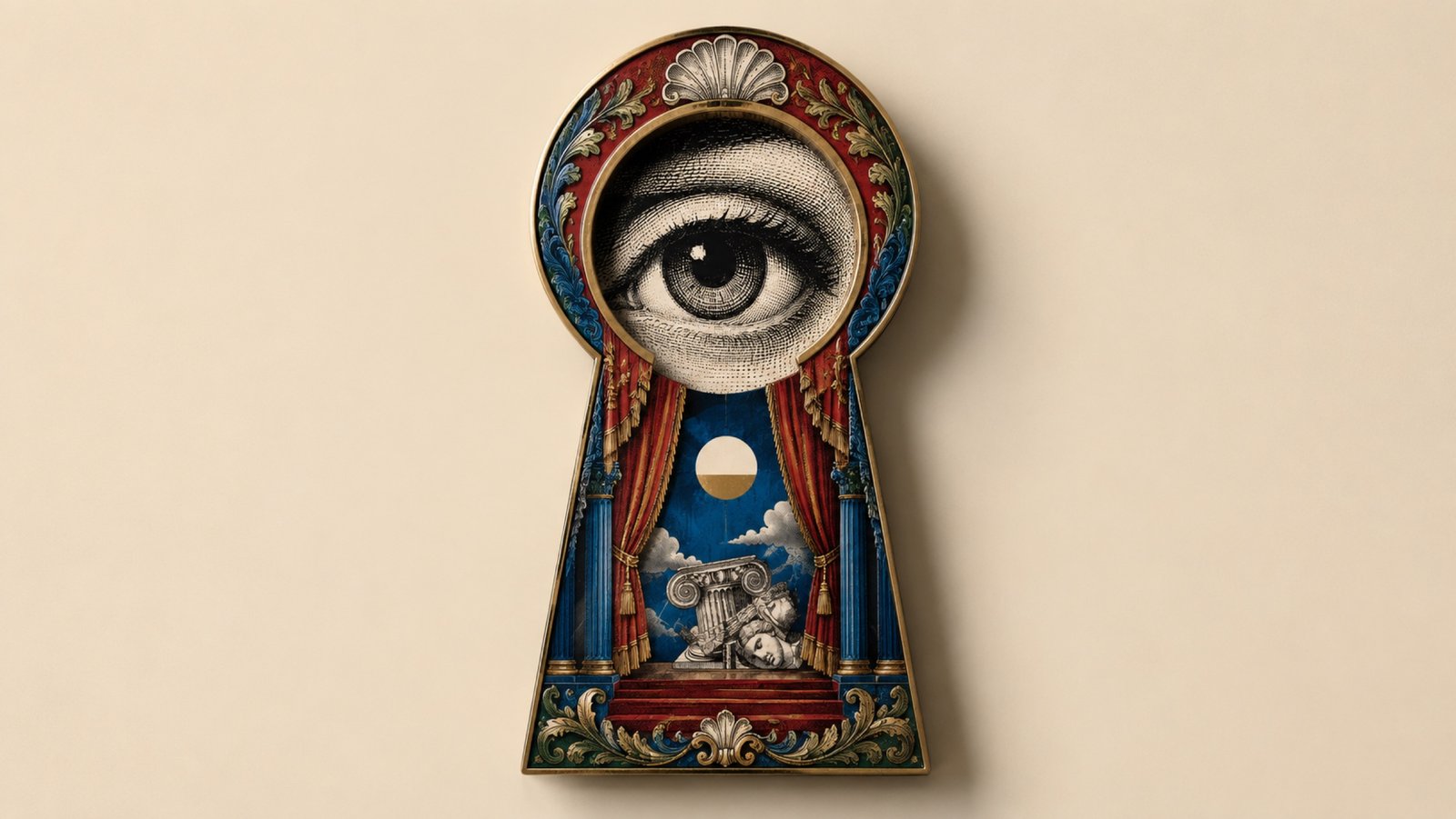 Cerradura ornamentada estilo Fornasetti con un ojo grabado observando a través