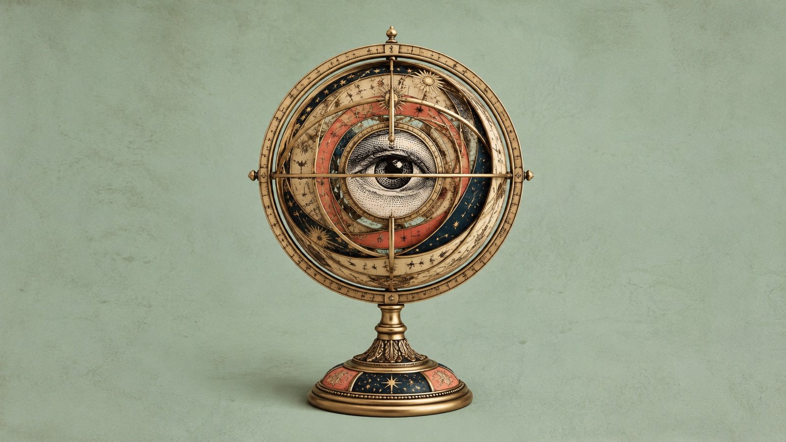 Esfera armilar antigua con un ojo grabado en el centro de sus anillos celestes