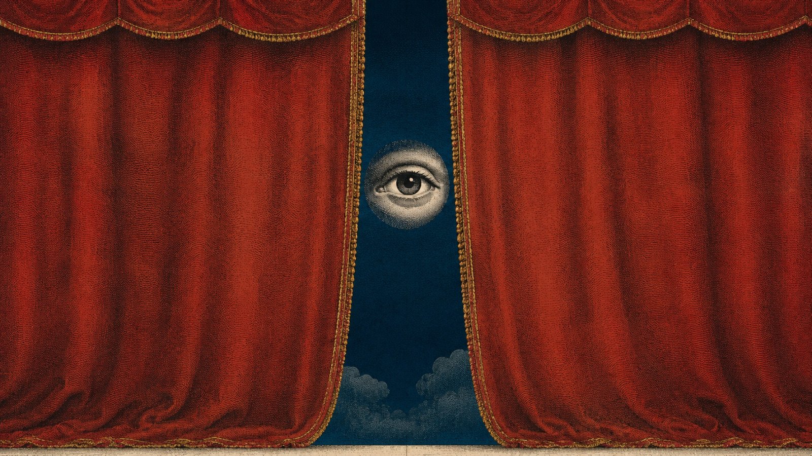 Ilustración estilo grabado: un ojo observa entre dos cortinas rojas de teatro apenas abiertas, sobre un cielo nocturno azul