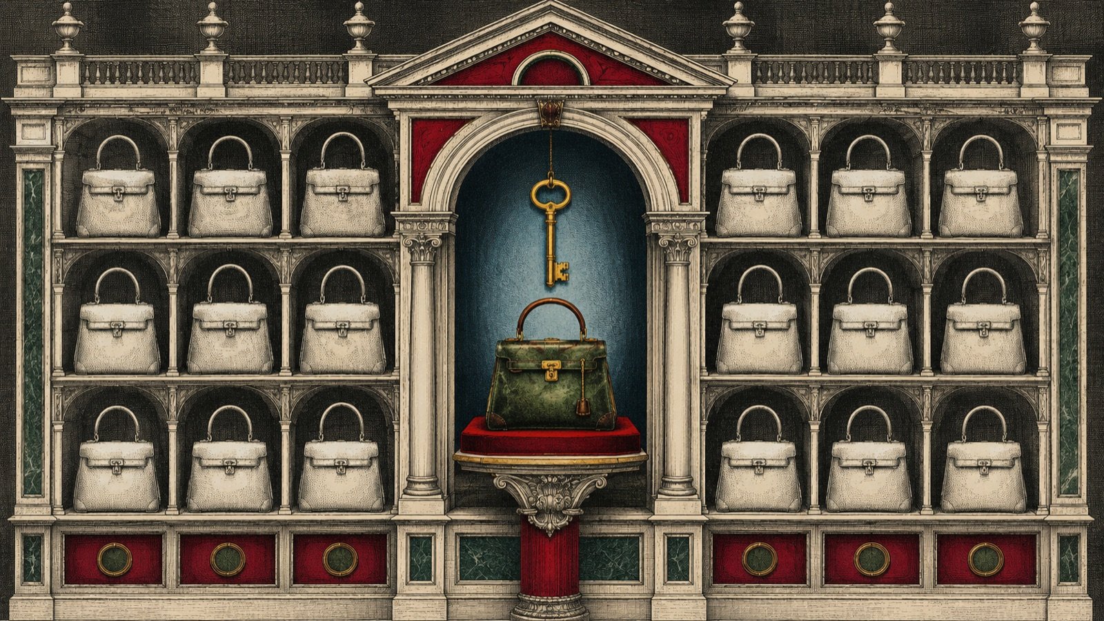 Ilustración estilo grabado: un altar clásico con carteras de lujo en nichos y una cartera verde consagrada al centro