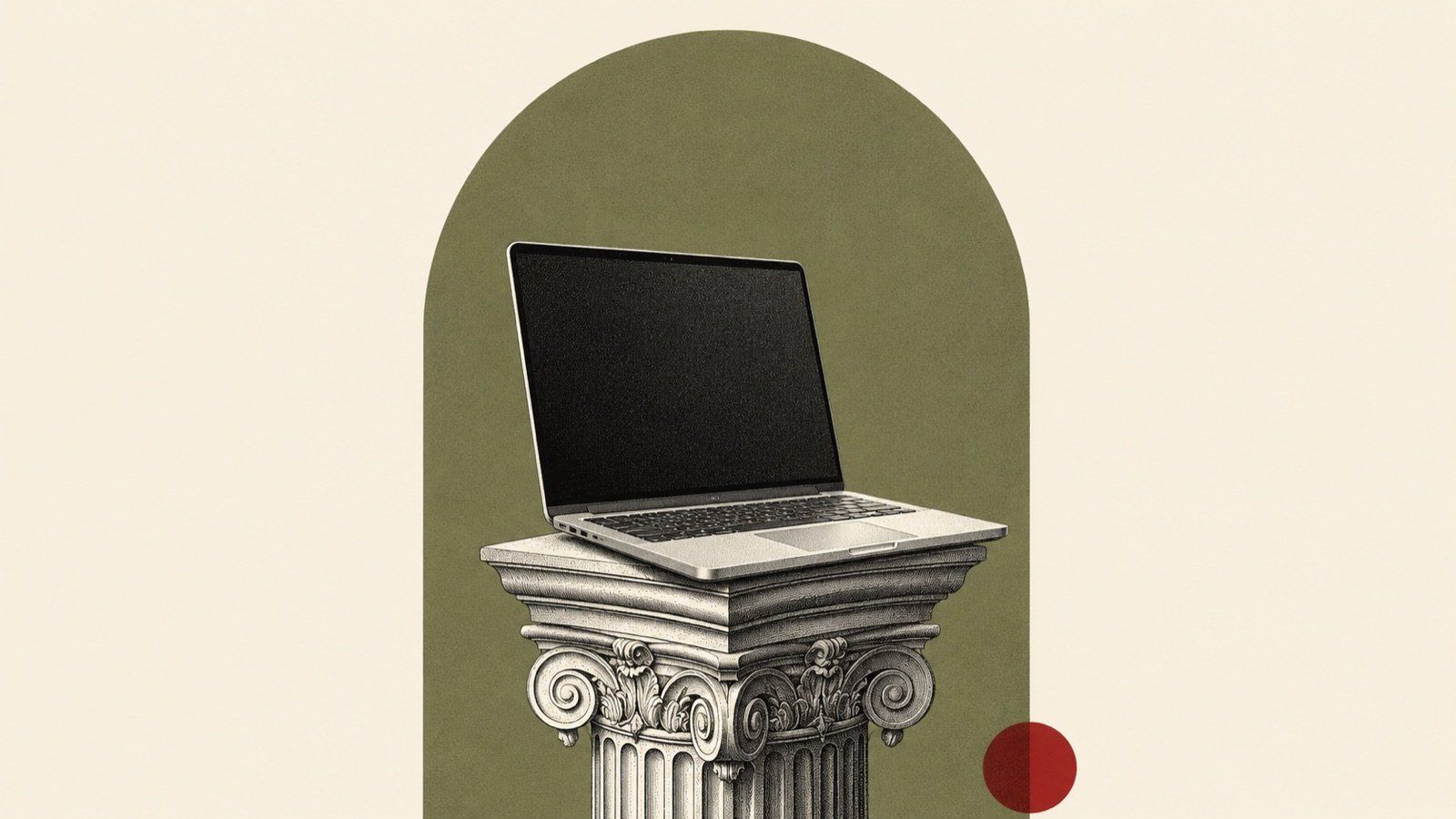 Ilustración de un laptop moderno posado sobre un capitel de columna jónica grabada, sobre un arco verde oliva
