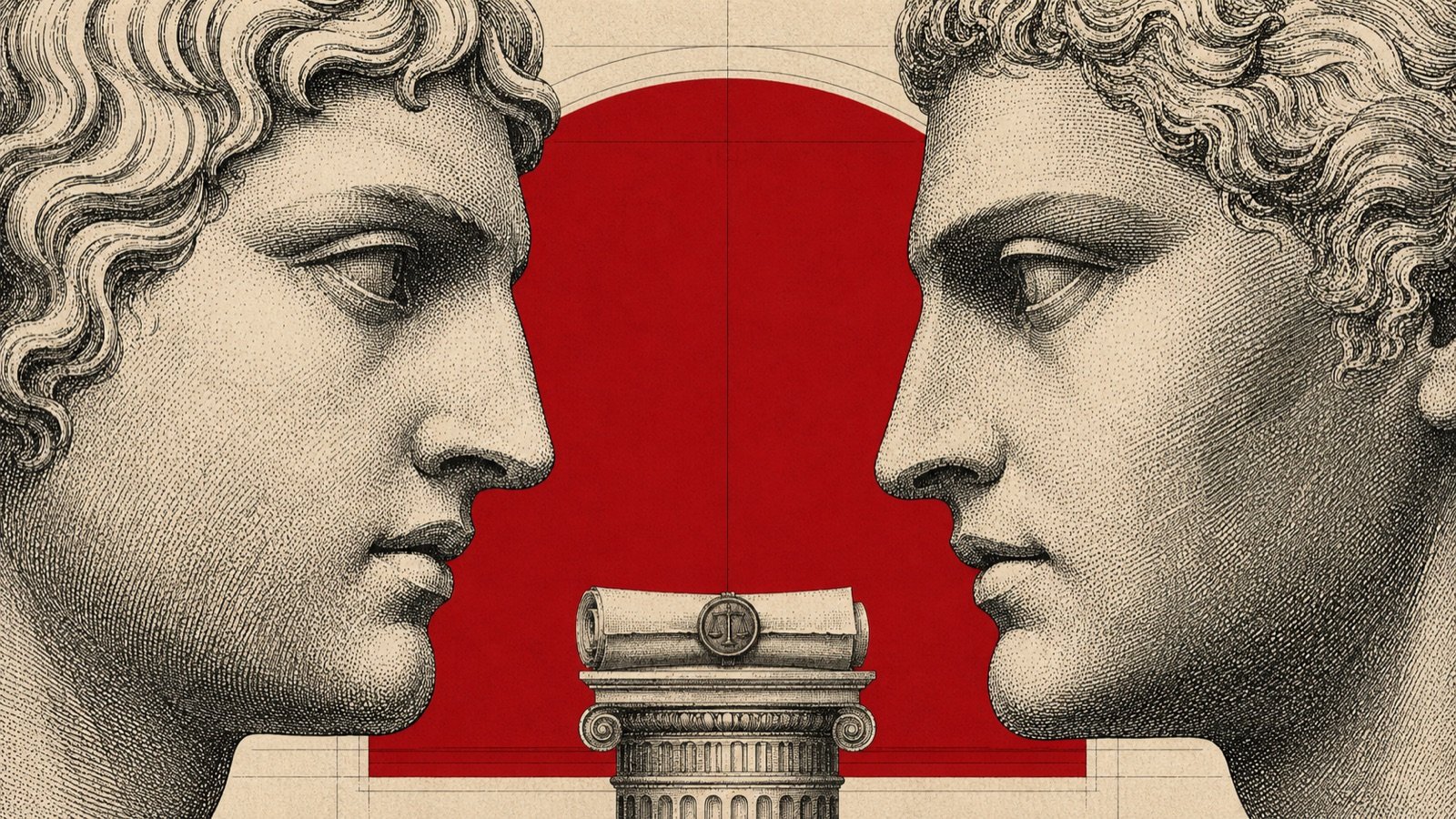 Grabado de dos bustos clásicos masculinos enfrentados cara a cara, con un pergamino legal sobre una columna entre ambos