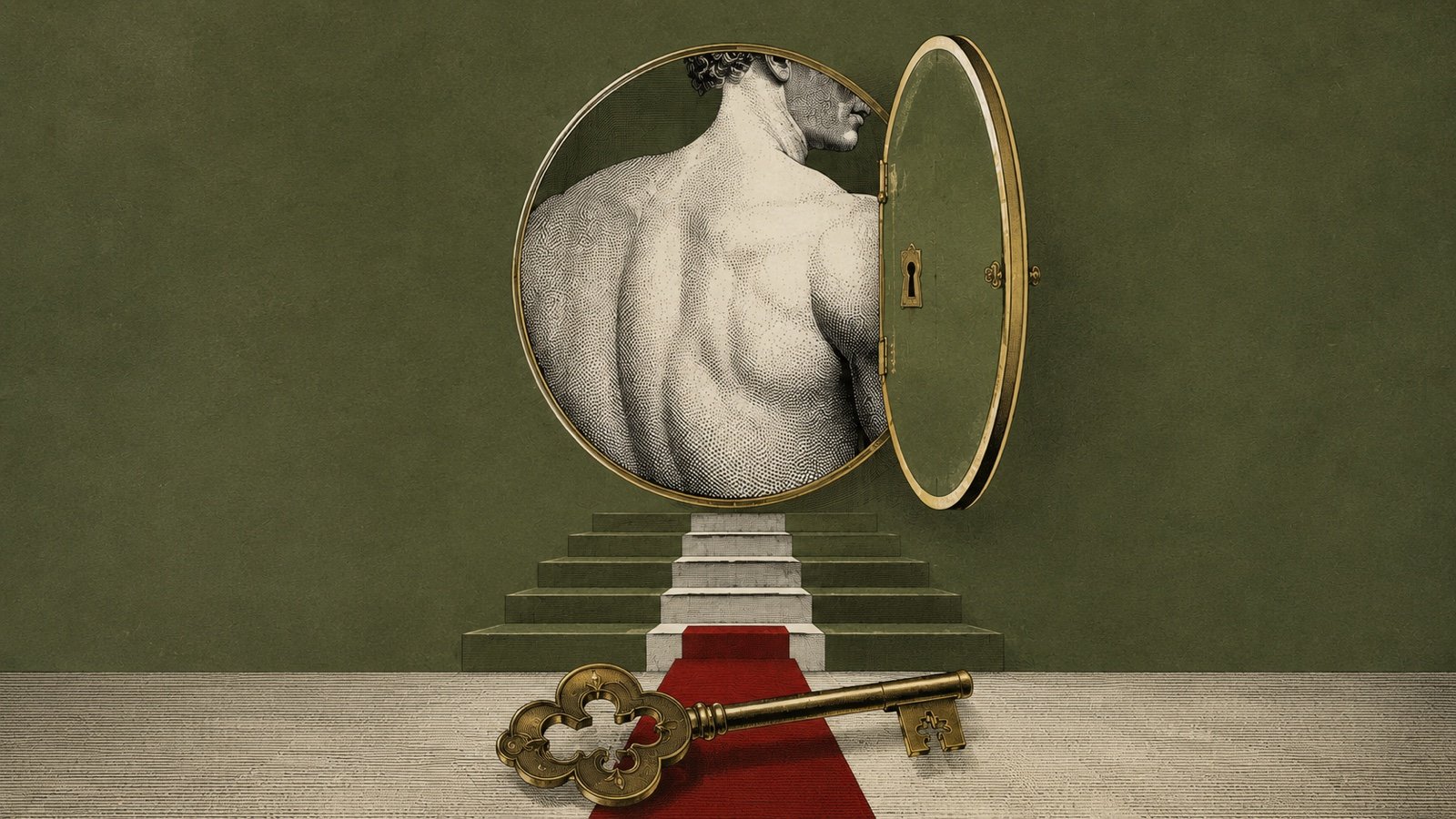 Ilustración de una espalda masculina esculpida vista a través de un espejo circular entreabierto como una cerradura dorada, con una llave apoyada sobre una alfombra roja